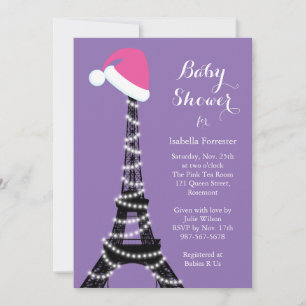Wintery Eiffel Tower Babydusche Einladung lila