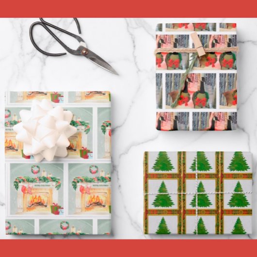 Wintery Festlich fröhliche Feuerstelle Baum Weihna Geschenkpapier Set