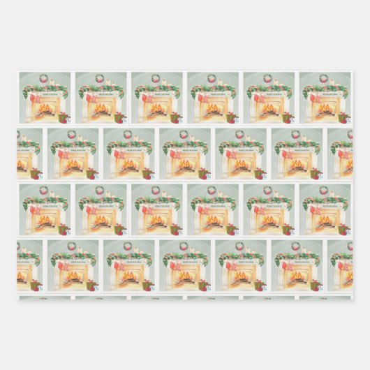 Wintery Festlich fröhliche Feuerstelle Baum Weihna Geschenkpapier Set (Vorderseite)