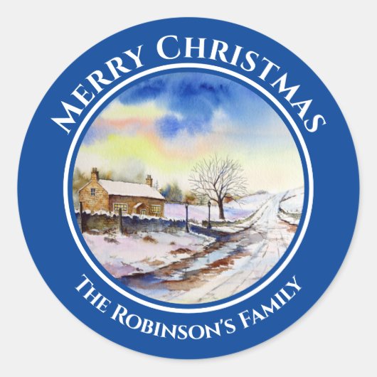 Wintery-Lane-Wasserfarben-Landschaftsmalereikreis Runder Aufkleber (Vorderseite)