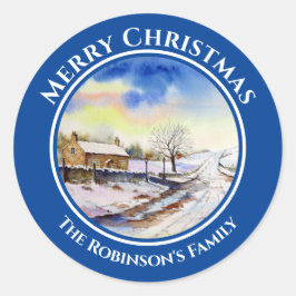 Wintery-Lane-Wasserfarben-Landschaftsmalereikreis Runder Aufkleber