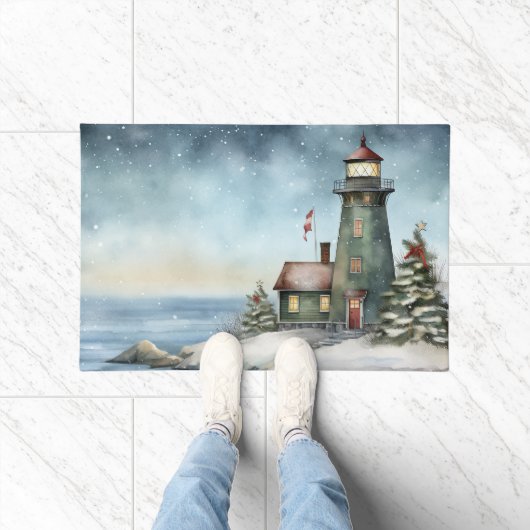 Wintery Lighthouse Nautical Beach Fußmatte (Indoor)