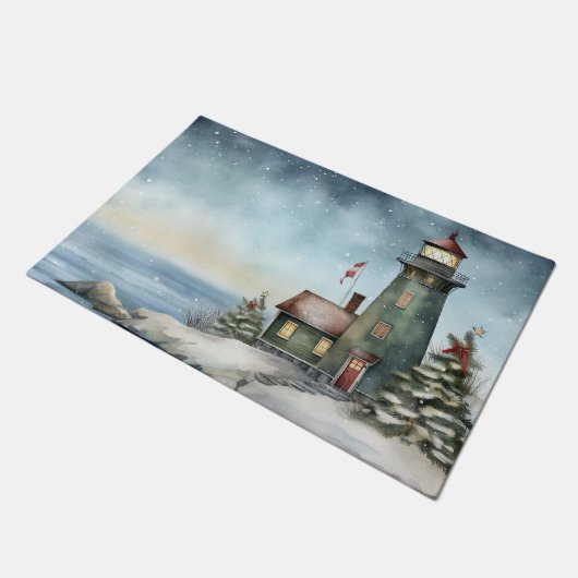 Wintery Lighthouse Nautical Beach Fußmatte (Schrägansicht)