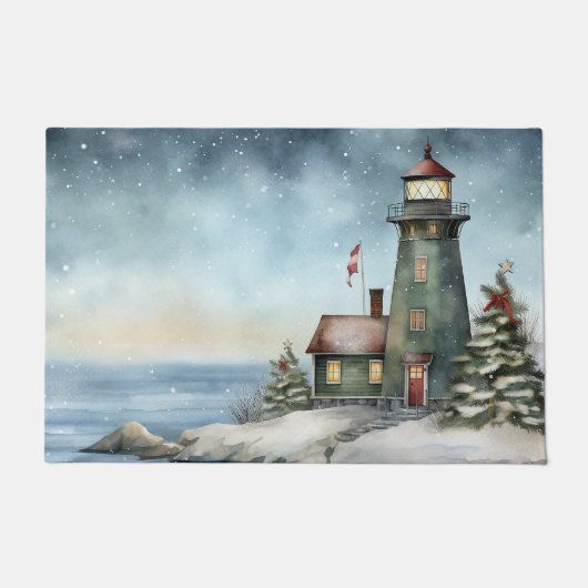 Wintery Lighthouse Nautical Beach Fußmatte (Vorderseite)
