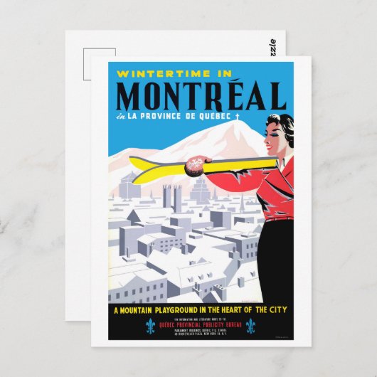 Winterzeit in Montreal, Frau mit Skiausrüstung Postkarte (Vorne/Hinten)
