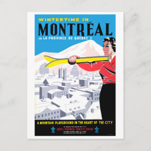 Winterzeit in Montreal, Frau mit Skiausrüstung Postkarte