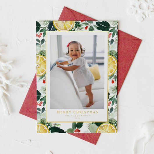 Winterzitrus und Grün Muster Foto Weihnachten