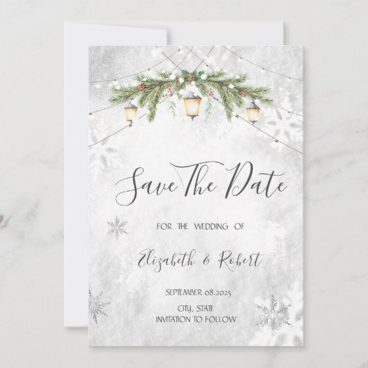 Winterzweige Laternenschneeflocken Save the Date (Vorderseite)
