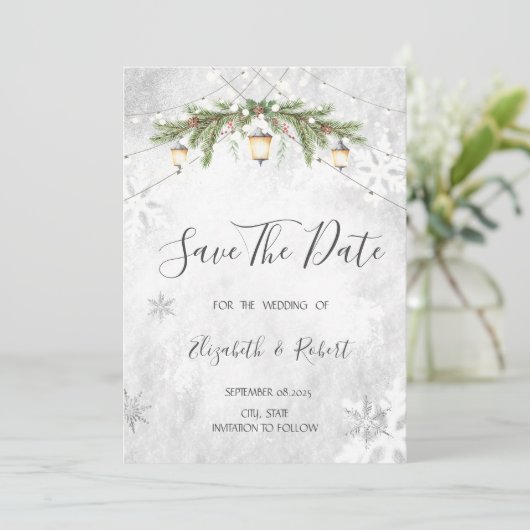 Winterzweige Laternenschneeflocken Save the Date (Stehend Vorderseite)