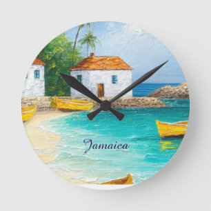Winzige jamaikanische Häuser und Skiffs Runde Wanduhr