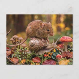 Winzige Maus reitet auf Schnecke im Herbstwald  Feiertagspostkarte
