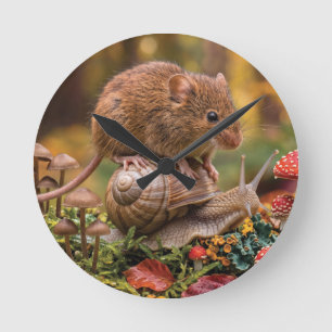 Winzige Maus reitet auf Schnecke im Herbstwald Runde Wanduhr