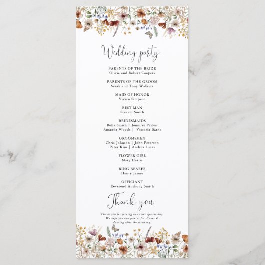 Winzige Wildblume Hochzeitsprogramm Programm (Rückseite)