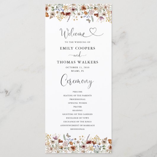 Winzige Wildblume Hochzeitsprogramm Programm (Vorderseite)