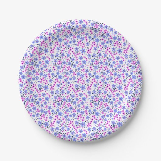 Winziges süßes weißes blaues rosa Blumenmuster Pappteller (Vorderseite)
