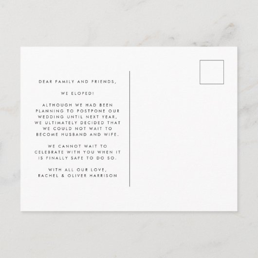 Wir änderten das Datum, konnten aber nicht warten Ankündigungspostkarte (Rückseite)