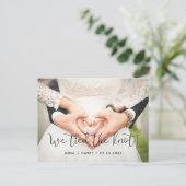 Wir band das knot Whimsical Hochzeitsfest Foto Postkarte (Stehend Vorderseite)