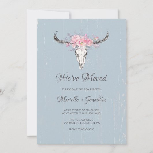 Wir bewegten neue Adresse Rustikale Kuh Schädelblü Ankündigung (Vorderseite)