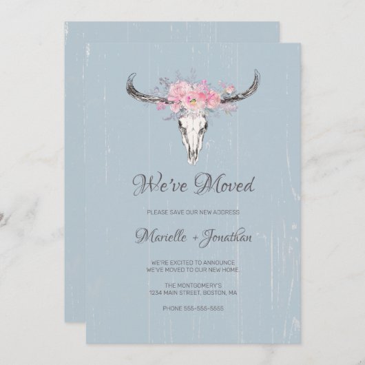 Wir bewegten neue Adresse Rustikale Kuh Schädelblü Ankündigung (Vorne/Hinten)