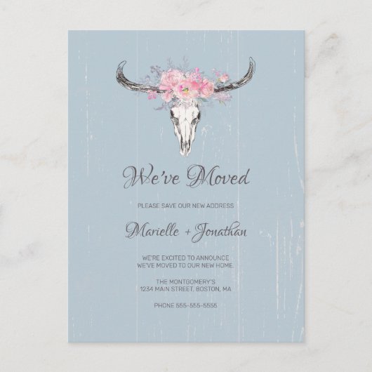 Wir bewegten neue Adresse Rustikale Kuhschädel Ankündigungspostkarte (Vorderseite)