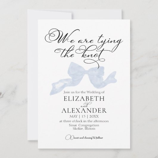 Wir binden den Knoten | Blue Bow Wedding Einladung (Vorderseite)