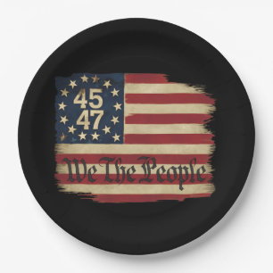 Wir das Volk Trump 45 47 abgenutzte Vintage-Flagge Pappteller