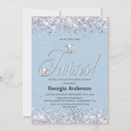 Wir erwarten Twins Blue Elephant Glitzer Einladung (Vorderseite)