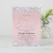 Wir erwarten Zwillinge Rosa Elefanten Glitzer Einladung (Stehend Vorderseite)