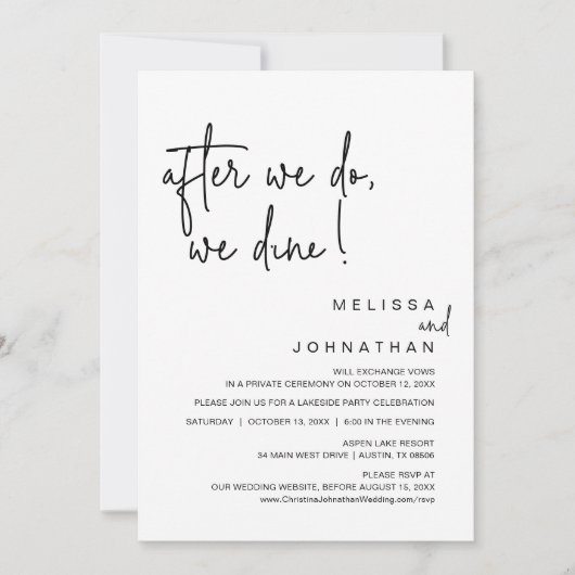 Wir essen, nach dem wir es tun, Hochzeitsfeier-Par Einladung (Vorderseite)