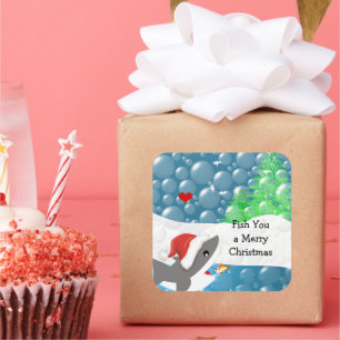 Wir fischen dir einen frohen Weihnachtshai Quadratischer Aufkleber