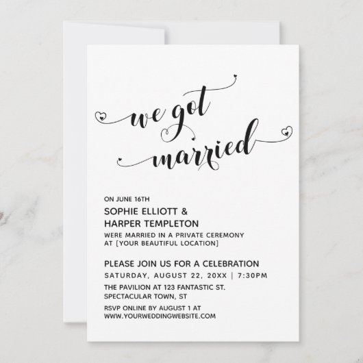 Wir Got nur Verheiratet Hearts Typografie Empfang Einladung (Vorderseite)