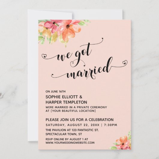 Wir Got Verheiratet Hearts Script Blush Florals Einladung (Vorderseite)