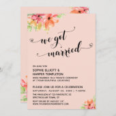 Wir Got Verheiratet Hearts Script Blush Florals Einladung (Vorne/Hinten)