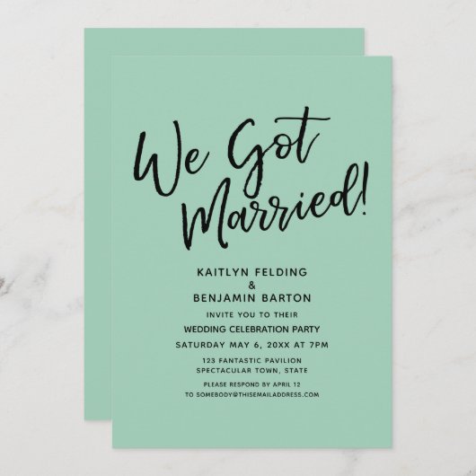 Wir Got Verheiratet! Lässiger hellgrüner Empfang Einladung (Vorne/Hinten)