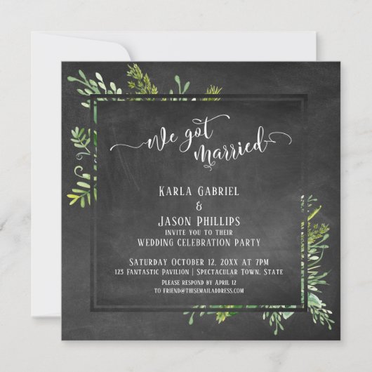 Wir Got Verheiratet Script Greenery Bouquet Chalkb Einladung (Vorderseite)