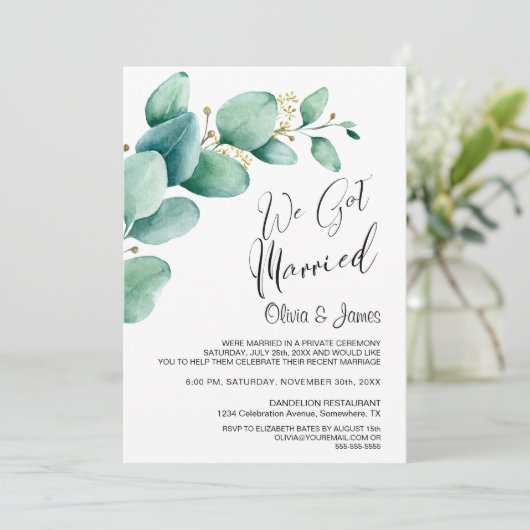 Wir Got Verheiratete Eukalyptus-Blätter Hochzeitse Einladung (Stehend Vorderseite)