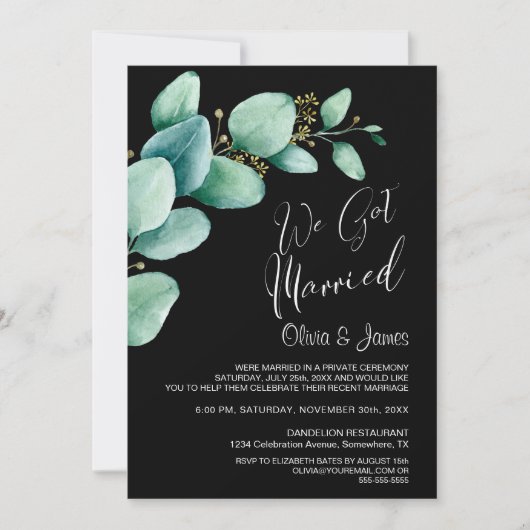 Wir Got Verheiratete Eukalyptus-Blätter Hochzeitse Einladung (Vorderseite)