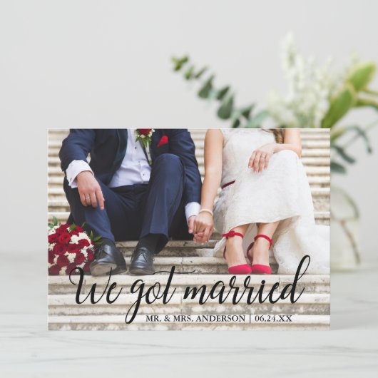 Wir Got Verheiratete Foto-Kalligraphie-Karte Dankeskarte (Stehend Vorderseite)