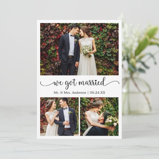Wir Got Verheiratete Herzkalligraphie 3 Foto Hochz Ankündigung (Stehend Vorderseite)