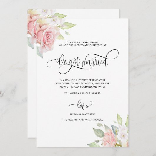 Wir got Verheiratete, Rose Gold Floral Verheiratet Ankündigung (Vorne/Hinten)