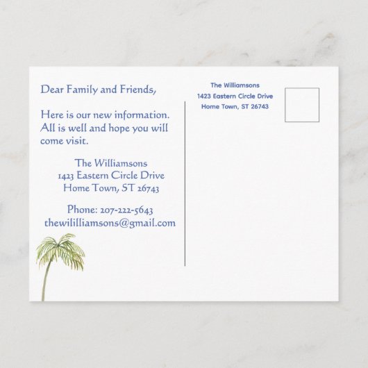 Wir haben Beach Palm Trees Budget Move Ankündigungspostkarte (Rückseite)