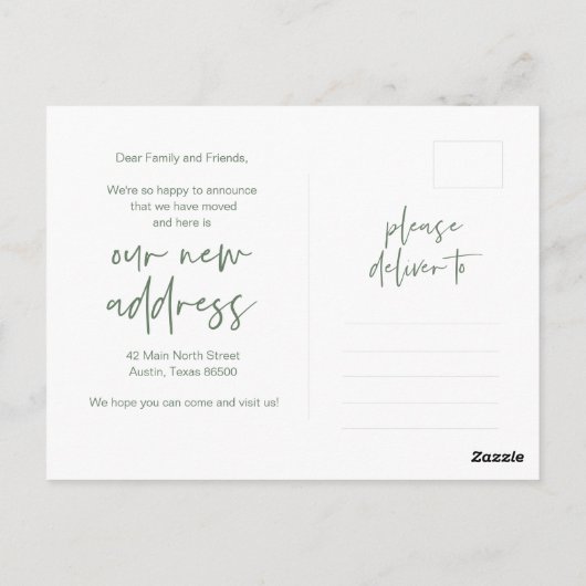 Wir haben bewegt, Ankündigung, Moderne Seite Grün Postkarte (Rückseite)