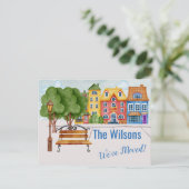 Wir haben das bunte Stadtleben-Budget verschoben Ankündigungspostkarte (Stehend Vorderseite)