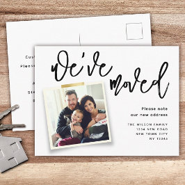 Wir haben das einfache moderne Foto verschoben Ankündigungspostkarte