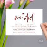 Wir haben das moderne Hochzeitstreffen Empfang Din Einladung<br><div class="desc">Markieren Sie den Anfang Ihres Lebens mit Eleganz mit unserer zeitgenössischen klassischen burgundischen Wein roten Thema Hochzeit Empfang Dinner Party feiern Einladungskarte, "We did". Diese Einladung eignet sich perfekt für Paare, die ihren fröhlichen Anlass ausdehnen und mit einem Hauch von Verspieltheit die Bühne für eine unvergessliche Veranstaltung geben. Das zeitlose...</div>