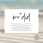 Wir haben das moderne Hochzeitstreffen Empfang Din Einladung<br><div class="desc">Markieren Sie den Anfang Ihres Lebens mit Eleganz mit unserer zeitgenössischen Hochzeitsfeier Empfang Dinner Party Einladungskarte, "We did". Diese Einladung eignet sich perfekt für Paare, die ihren fröhlichen Anlass ausdehnen und mit einem Hauch von Verspieltheit die Bühne für eine unvergessliche Veranstaltung geben. Das zeitlose Design des Drehbuchs verleiht Ihren Festlichkeiten...</div>