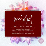 Wir haben das moderne Hochzeitstreffen Empfang Din Einladung<br><div class="desc">Markieren Sie den Anfang Ihres Lebens mit Eleganz mit unserer zeitgenössischen klassischen burgundischen Wein roten Thema Hochzeit Empfang Dinner Party feiern Einladungskarte, "We did". Diese Einladung eignet sich perfekt für Paare, die ihren fröhlichen Anlass ausdehnen und mit einem Hauch von Verspieltheit die Bühne für eine unvergessliche Veranstaltung geben. Das zeitlose...</div>
