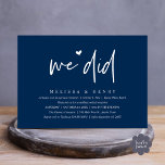 Wir haben das moderne Hochzeitstreffen Empfang Din Einladung<br><div class="desc">Markieren Sie den Anfang Ihrer Ewigkeit mit Eleganz mit unserer zeitgenössischen klassisch marineblauen Hochzeitselopement Empfang Dinner Party feiert Einladungskarte, "We did". Diese Einladung eignet sich perfekt für Paare, die ihren fröhlichen Anlass ausdehnen und mit einem Hauch von Verspieltheit die Bühne für eine unvergessliche Veranstaltung geben. Das zeitlose Design des Drehbuchs...</div>