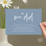 Wir haben das moderne Hochzeitstreffen Empfang Din Einladung<br><div class="desc">Markieren Sie den Anfang Ihres Lebens mit Eleganz mit unserer zeitgenössischen klassisch dustig blauen Hochzeitsfeier Empfang Dinner Party Einladungskarte, "We did". Diese Einladung eignet sich perfekt für Paare, die ihren fröhlichen Anlass ausdehnen und mit einem Hauch von Verspieltheit die Bühne für eine unvergessliche Veranstaltung geben. Das zeitlose Design des Drehbuchs...</div>