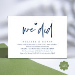 Wir haben das moderne Hochzeitstreffen Empfang Din Einladung<br><div class="desc">Markieren Sie den Anfang Ihrer Ewigkeit mit Eleganz mit unserer zeitgenössischen klassisch marineblauen Hochzeitselopement Empfang Dinner Party feiert Einladungskarte, "We did". Diese Einladung eignet sich perfekt für Paare, die ihren fröhlichen Anlass ausdehnen und mit einem Hauch von Verspieltheit die Bühne für eine unvergessliche Veranstaltung geben. Das zeitlose Design des Drehbuchs...</div>